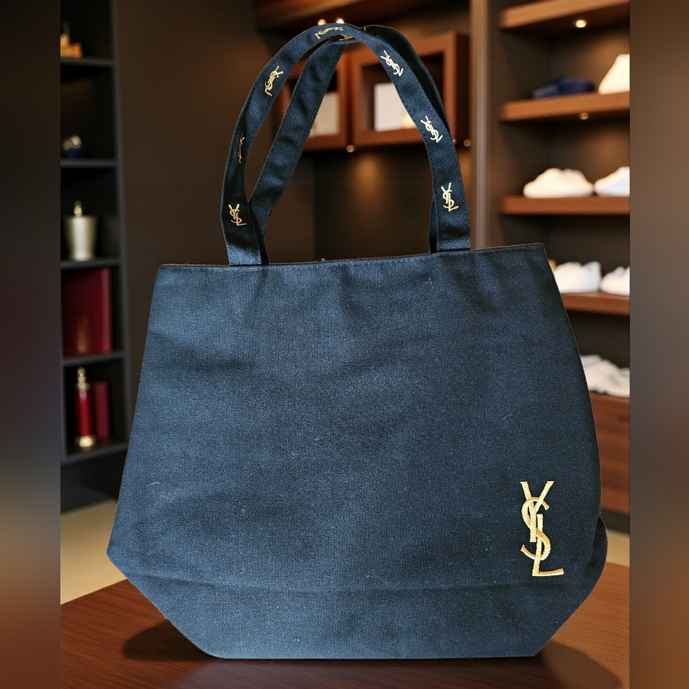 Yves Saint Laurent Embroidered Black/Gold Canvas Tote Bag Interior HOT PINK NEW